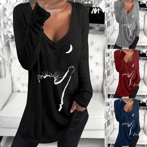 New Women Fashion Long Sleeve V Neck Cat Print Solid Color Long T-shirt Dresses Tops Casual Loose Tunics Pullover