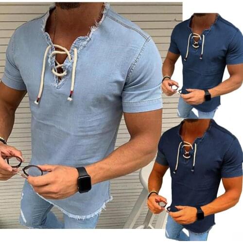 2021 New Mens V-neck T-shirt hollow out Lace-up Shirt Casual short Sleeve Wash Vintage Denim Blouse Fitness Bodybuilding Tops