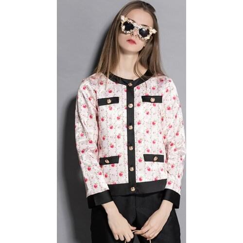 Ladies girl Luxury Fashion Autumn Winter Rose Print Pocket Long Sleeve Short Floral Jacket