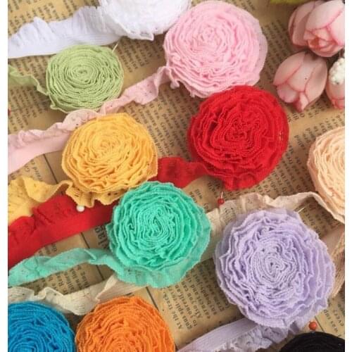 Wholesale 8 Meters Ruffle Elastic Lace trim Colored Pink White Blue Stretchy Lace Fabric Ribbon 15mm Width