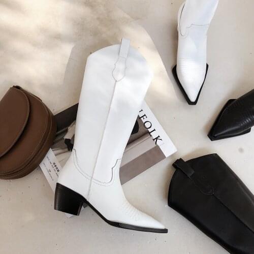 Osunlina Western Cow Long Boots Pointed Toe Square Heels Knee High Boots Woman Black White Genuine Leather Slip On Shoes A052