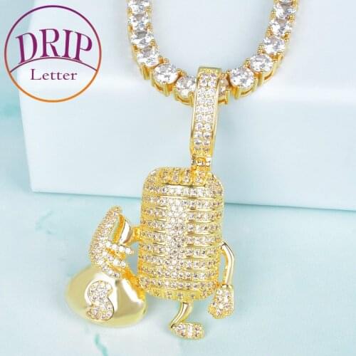 Money Bag Microphone Iced Pendant Necklace Tennis Chain Gold Color Cubic Zircon Mens Hip Hop Jewelry