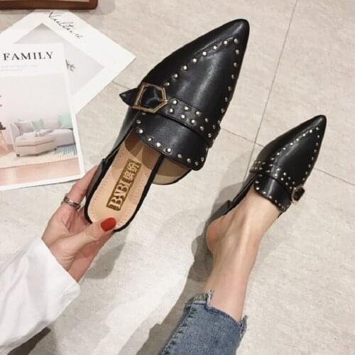 Womens shoes spring/summer 2021 new Korean style pointed rivet mid-heel half slippers fashion all-match Baotou sandals