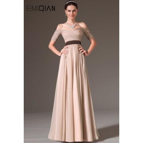 Freeshipping A Line Cap Sleeves Half Sleeve Pleat Belt Khaki Chiffon Evening Dresses