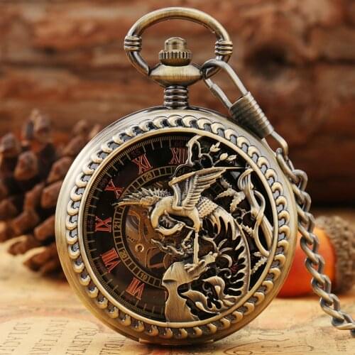 Antique Phoenix Carving Hollow Cover Double Open Case Mechanical Pocket Watch Reloj Hand Winding FOB Chain Watch for Men Women