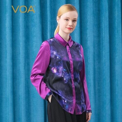 VOA Silk Stretch Satin Art Fantasy Blue Purple Pattern Lapel Single Breasted Straight Tube Casual Long Sleeve Shirt BT86
