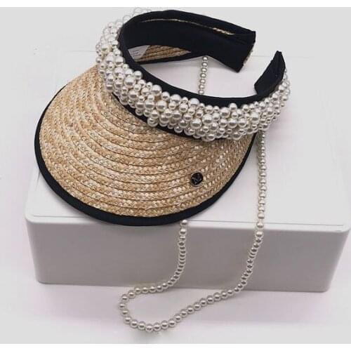 High Quality Handmade Customize Pearl Empty Top Visors Women Summer New Design Straw Sun Hats Beach Caps For Female Visera Mujer