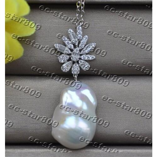 Z11214 A+ 29mm White Baroque Keshi Pearl 925silver CZ Pendant Woman Fine Jewelry