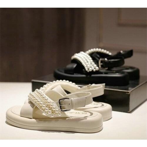 2021 Summer New Fairy Style Pearl Sandals Flat-bottom Roman Casual Small Fragrant Soft Platform Ladies Sandals