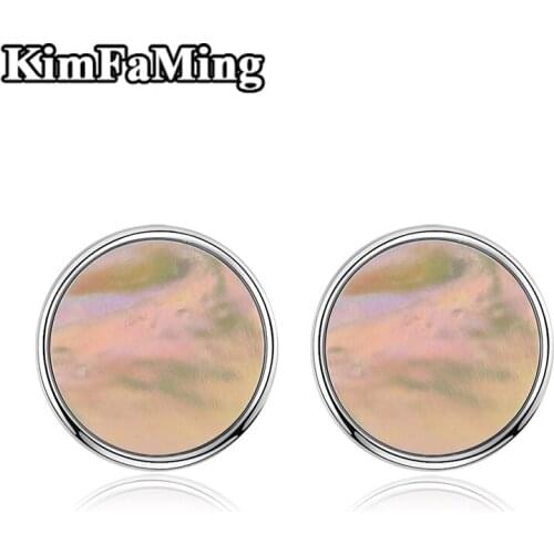 Delicated Round Natural Shell Silver Stud Earrings for Women Fancy Female Gemstone Jewelry Casual OPE037S