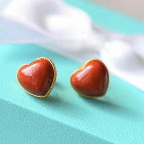 Natural South Red Agate Stud Earrings Female with Hearts S925 Sterling Silver Heart-to-Heart Print Earrings Personalized Eardrop