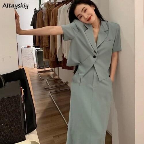 Dress Set Women Solid Loose Fashion Leisure Temperament Summer Streetwear High Waist Blazer Short Sleeve Female Workwear Elegant