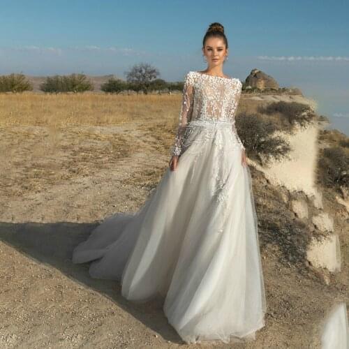 High Neck See Through A-line Long Sleeves Feather Wedding Dress Illusion Back Bridal Dresses vestidos de novia sencillos