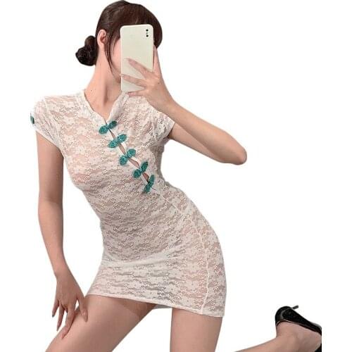Women Sexy Nightwear Dress Perspective Hollow Out Mesh Lace Cheongsam Sexy Lingerie Sleepwear Erotic Underwear Female