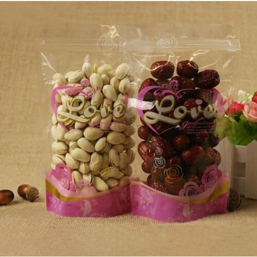 100Pcs Pink Food Zipper Packaging Bags, Clear Pretty Design Stand Up Pouch for drinks,Beverages Bags,Nuts and Grain