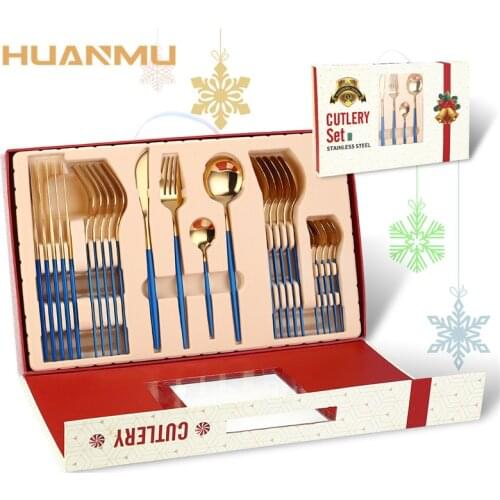 24Pcs/Set Christmas Cutlery New Tableware Knife Fork Spoon Gold-plated Spray Paint Stainless Steel Christmas Present посуда