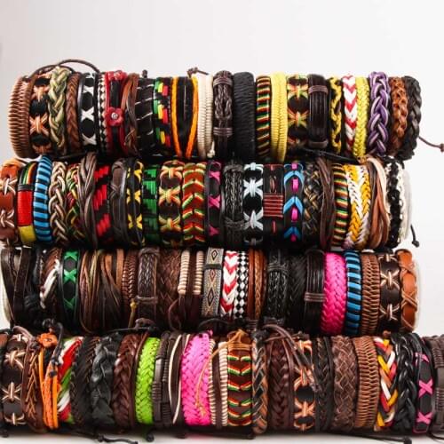 50 PCS Style Mix lot Mens Genuine Leather Bracelets Surfer Cuff Ethnic Tribal Wristbands Wholesale Bangles HOT Fashion Jewelry