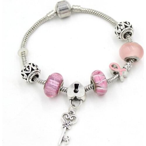 6PCS New Arrival Breast Cancer Awareness Pink Ribbon Jewelry European Murano Glass Bead Heart Lock Key Pink Ribbon Bracelet