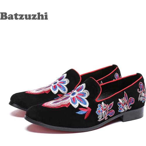 Batzuzhi Italian Type Men Shoes Black Suede Embroidery Flowers Mens Loafer Shoes Erkek Ayakkabi Party Dress Shoes Men, Big US12