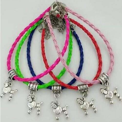 Fast shipping Cute poodle Charm Bracelets & Bangle Multicolor Leather Braided Rope Bracelet Women Jewelry 10pcs