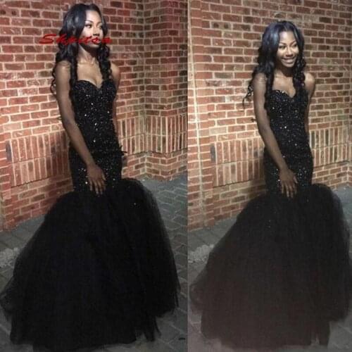 Black Bling Sexy African Mermaid Prom Dresses Long Plus Size Sweetheart Beaded Sequin Formal Evening Dress for Graduation Gowns