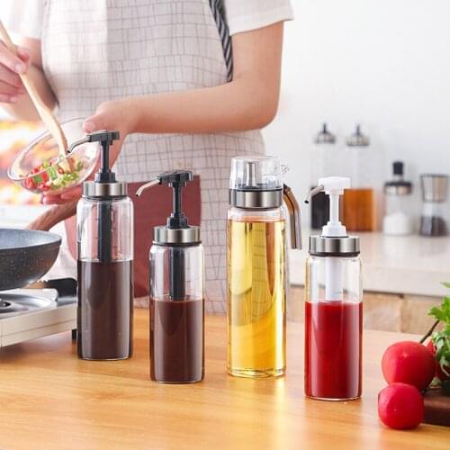 Sauce Syrup Dispenser Bottle Glass Olive Oil Dispenser with Wide Neck Press Pumps Head Kitchen Supplies Herb Spice Tools Gadgets