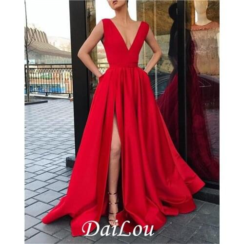 Elegant Satin V neck Long Evening Party Dresses with Slit Women Formal Prom Dress with Straps 2021
