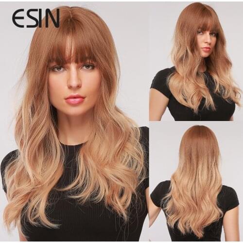 Brown Ombre to Blonde Cosplay Wig Long Water Wave Synthetic Wigs With Bangs Lolita Hair High tempreture Fiber Free Shipping