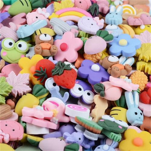 Julie Wang 100pcs Kawaii Resin Flatback Cabochon Animal Fruit Plant Mixed Cartoon Slime Crafts DIY Findings Scrapbook