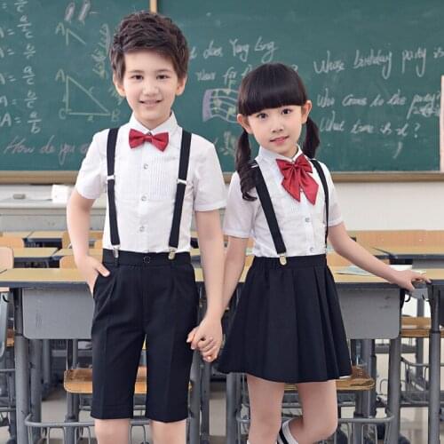 Summer Teenage Clothes Sets Wedding Bow Tie Shirt+Boys Bib Pants For Girls Bib Skirts Unisex Uniform Formal Party Sets For 3-17M