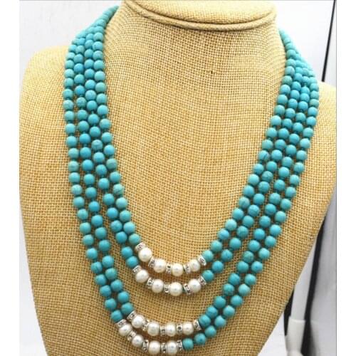 Beautiful 4row 6mm natural turquoises & white freshwater pearl crystal necklace