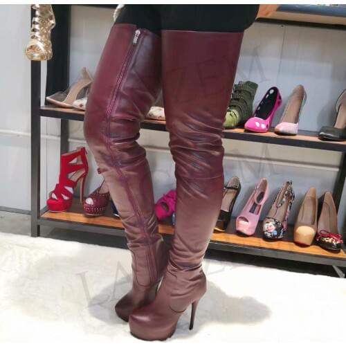 LAIGZEM FASHION Women Over-the-Knee Boots Platform High Heels Black Blue Brown Burgundy Long Boots Botines Mujer Big Size 4-19