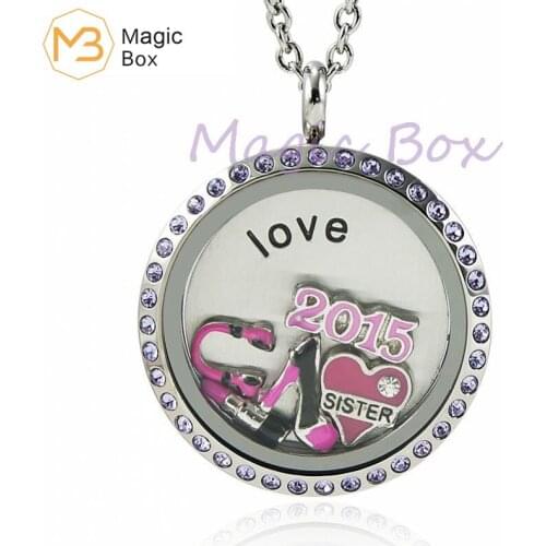 316L Stainless Steel waterproof purple crystal memorie locket locket 30mm with free no charms
