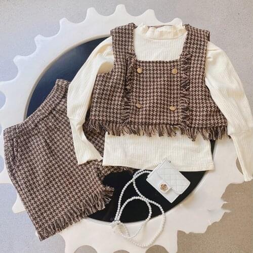 Fashion Girl Autumn Clothes Set 3Pieces Children Clothing Tshirt+Plaid Vest+Shorts Kids Tracksuit Girls Outfits Costume