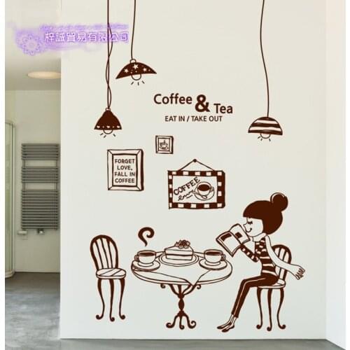 Coffee Shop Sticker Girl Milk tea Decal Cafe Cup Poster Vinyl Art Wall Decor Mural Decoration Bread Coffee Break Glass Decals