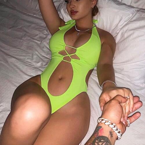 NEW None Tummy Cut Out One Piece Swimsuit Women Swimwear Female Bather Lace Up Bathing Suit Swim Wear Monokini