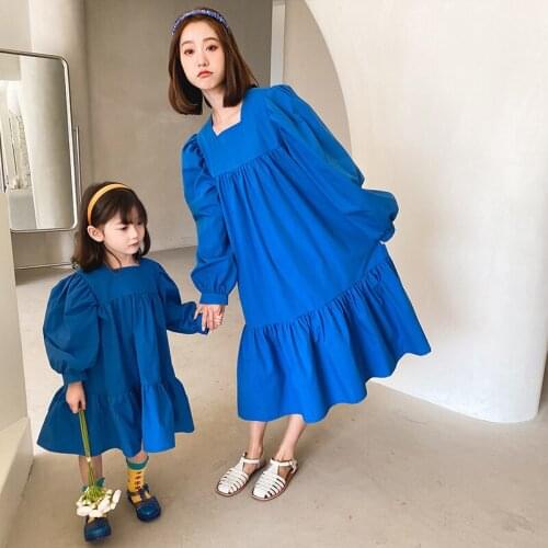 Family Matching Outfits Mother And Daughter Clothes 2021 Spring New Korean Solid Long Sleeve Dress For Mom And Girls Family Look