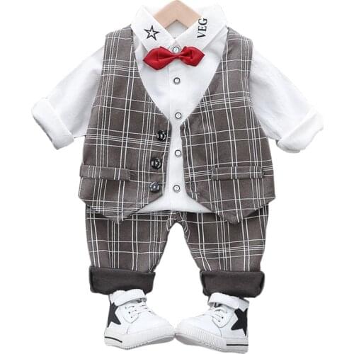 Autumn Baby Boy Clothes Set Newborn White Top+Lattice Vest+Lattice Pants 3Pcs Kids Wedding Handsome Ring Bearer Clothing 0-4T