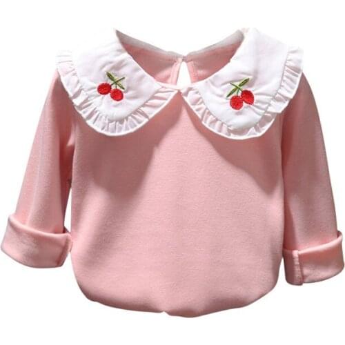 1-8T Girls Sweet Blouses Baby Girl Cotton Cherry Lapel Long Sleeve Shirts Tops Kids Spring Cute Clothes Autumn Children Cothing