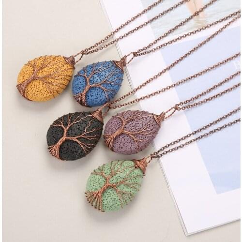 Natural Stone Tree of Life Necklace Pendant Lava Stone Wrapped Drop Shaped Healing Quartz Pendant Long Chain Necklaces Men Women