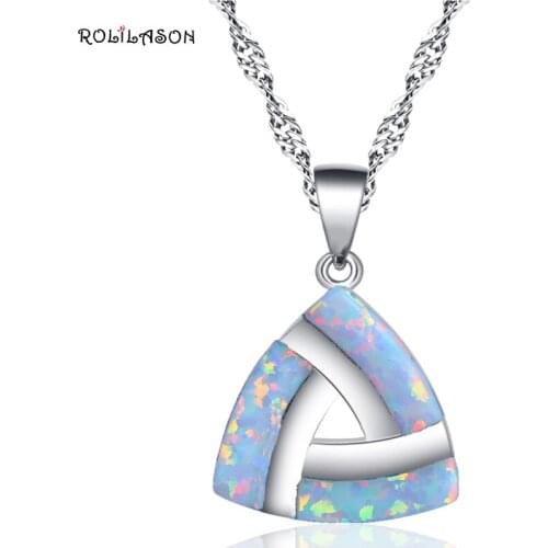 ROLILASON Triangle vintage style created opal for women white opal silver necklaces pendants fashion jewelry OP764