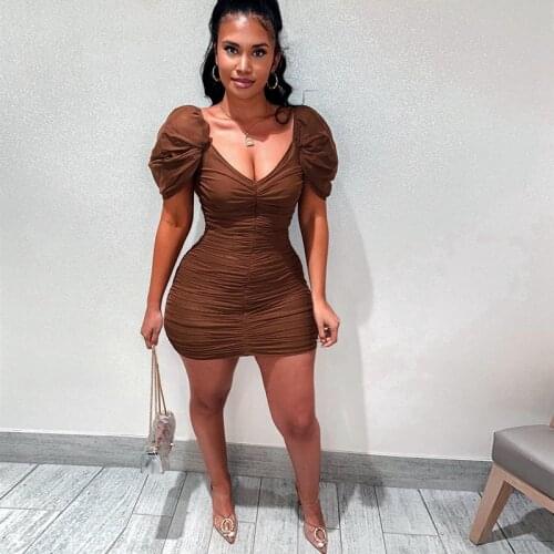 Spring Summer Women Clothing Solid Folds ShortSleeve Sexy Dress Lounge Wear Party Club Outfits Goth Streetwear Y2k Wholesale