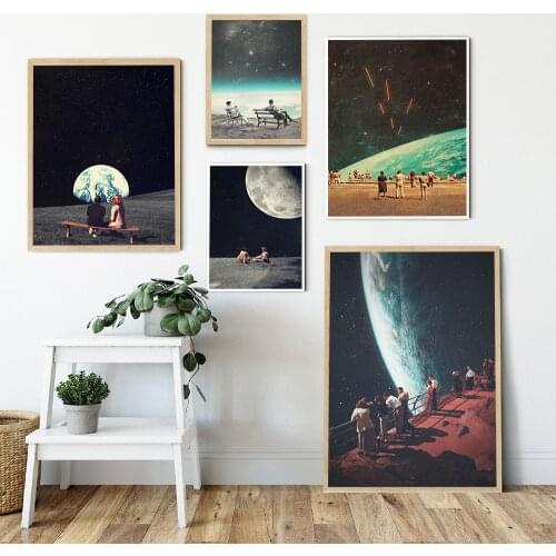 Night Sky Art Prints Earth Couple Canvas Posters Surrealism Galaxy Space Moon Canvas Painting Cosmic Wall Pictures Sci-Fi Decor