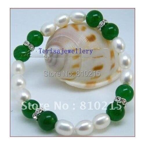 Lovely AA 9-10MM White Natural Freshwater Pearl & Green Jade Jewelry 7.5inch Pearl Bracelet Fashion Jewelry New Free Shipping