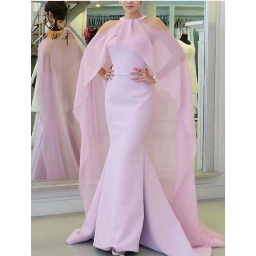 Simple but Elegant Vestidos De Formature Halter Sleeveless Mermaid Lavendor Prom Dresses with Cape