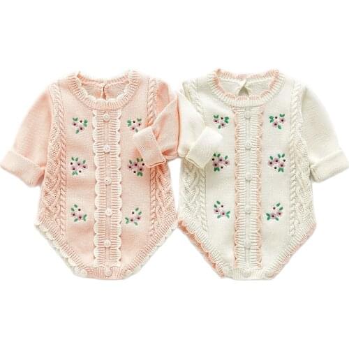 2021 Korean Spring Newborn knitted Ruffles Flowers Buttons Rompers Toddler Children Sweaters Autumn Girls Outfit Infant Jumpsuit