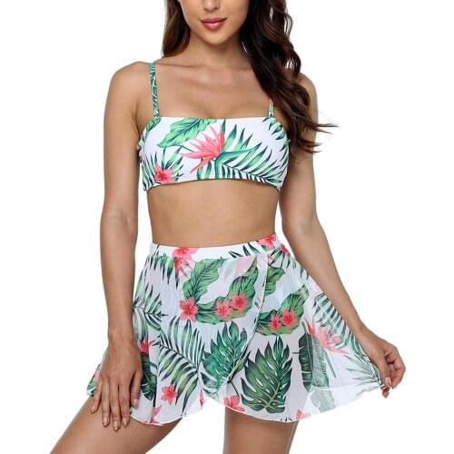 Boho Leaves Flowers Printed Swimwear Womens Three Piece Swimsuits Vacation Beach Straps Bikinis Set with Cover-Ups Skirts