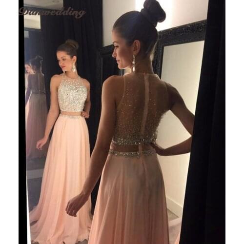 Gorgeous Sexy Two Pieces Set A-Line Evening Dresses Halter Neck Tulle Heavy Beaded Prom Dresses Girl Party Gown New Arrival