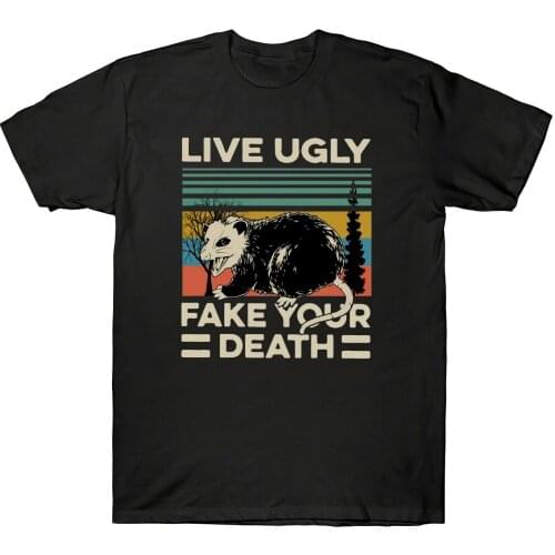 Live Ugly Fake Your Death Cool Angry Opossum Vintage Men T-Shirt Black Navy Tee