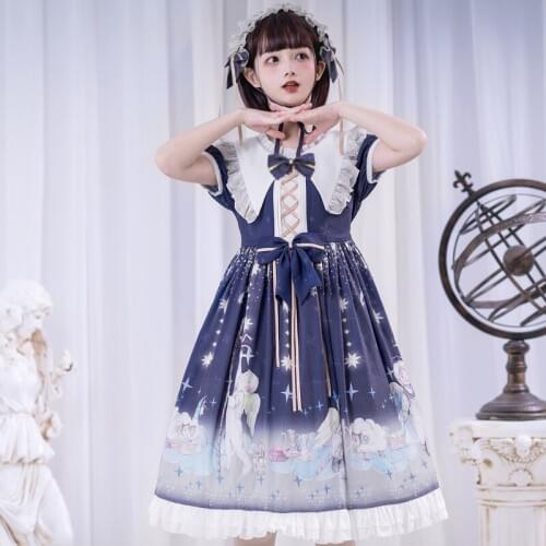 Japanese vintage sweet lolita dress o-neck bowknot cute printing high waist victorian dress kawaii girl gothic lolita op loli